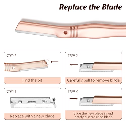 Eyebrow Razor, Dermaplaning Tool for Face, Face Razors for Women, Dermaplane Razor, Hair Removal and Exfoliation, Facial Razor, Face Shaver for Women&Men, 6 Blade Refills with Blade Cover (Rose Gold)