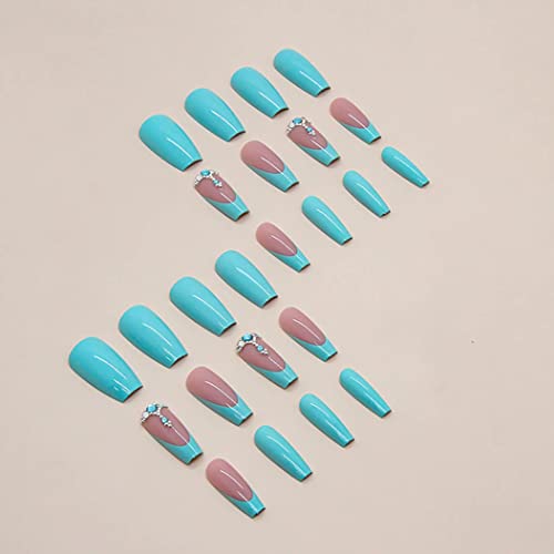 RikView Medium Press on Nails Almond Acrylic Nails Nude Nails with Rhinestones Glossy Full Cover Nails 24 PCs