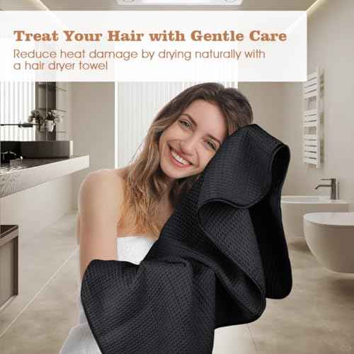 GLIMGLINT 2 Pack Black Microfiber Hair Towel Wrap for Long, Thick, Curly Hair, Super Soft, Fast Drying Waffle Hair Towel Wrap with Elastic Strap 40"X26.5"
