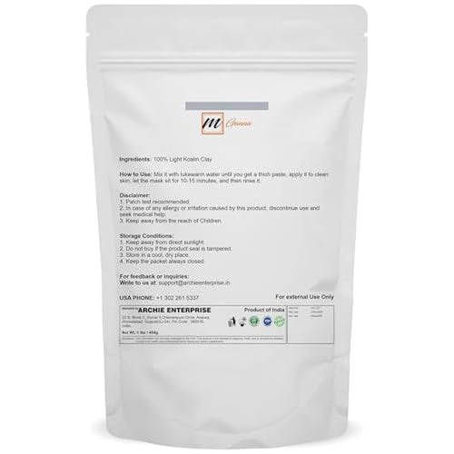 100% Natural Light Kaolin Clay Powder (1 Pound) for Facial Masks, Creams, Face Masks, and Soap Making 1 LBS / 454 GMS