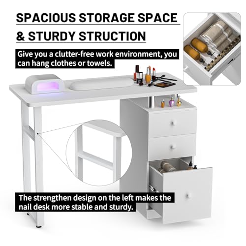 White Manicure Table with Wrist Cushion & Storage Drawers