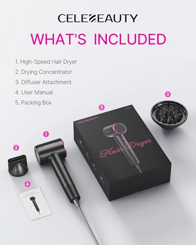 Dark High-Speed Ionic Hair Dryer with Diffuser - CELEBEAUTY, Fast-Drying, Quiet, Lightweight