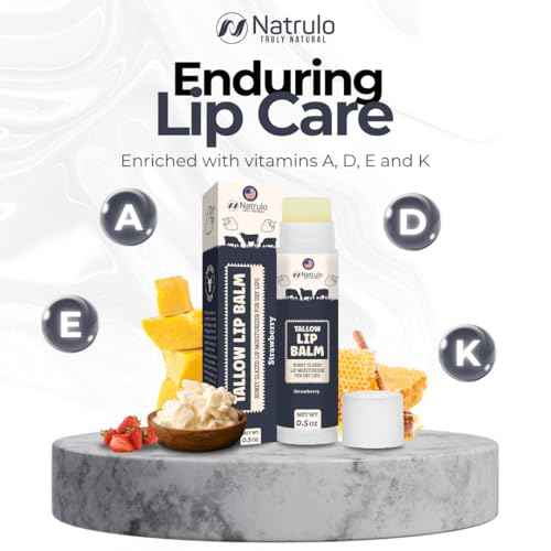 Beef Tallow Lip Balm ? Natural Tallow Beeswax Chapstick ? Hydrating Moisturizer Grass Fed Tallow Balm Care ? Soothes Chapped Dry Lips Sensitive Skin ? Long Lasting Vitamin Rich USA-Made, Strawberry