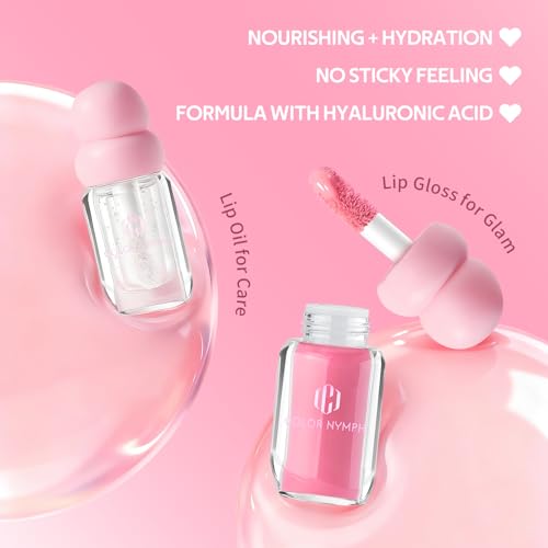 Color Nymph Lip Oil & Lip Gloss Set, Hydrating Non-Sticky Lip Makeup, Nourishing Lip Care with Jojoba Oil & Hyaluronic Acid, Glossy Pigmented Finish, #04 Ballet Pink