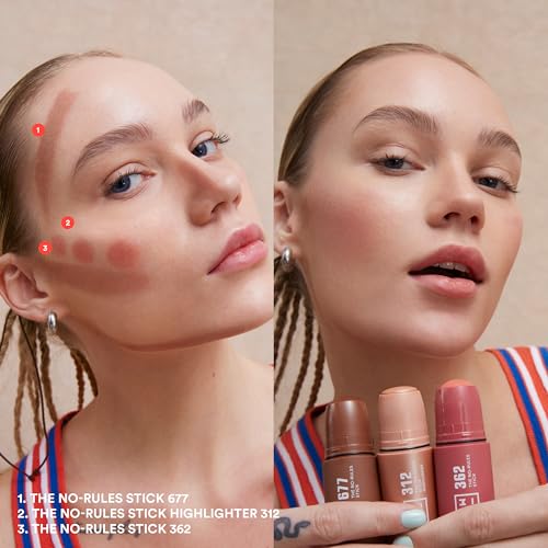 3INA MAKEUP - The No - Rules Stick Highlighter 312 - Rose Gold Tone Pen Highlighter - for Eyes Lips Cheeks - Highlighter Makeup Stick for Natural and Luminous Finish - Vegan - Cruelty Free