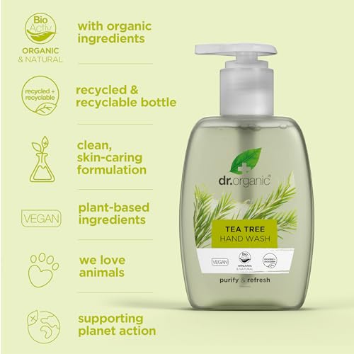 Dr. Organic Tea Tree Hand Wash, Purifying, Cleansing, Natural, Vegan, Cruelty-Free, Paraben & SLS-Free, Recycled & Recyclable, Recycled & Recyclable, Organic, 250ml, Packaging may vary