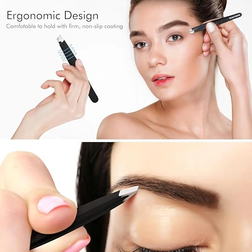 4-Piece Tweezers Set, High Precision Stainless Steel Eyebrow Tweezers for Facial Hair, Inward Growing Hair and Splinter Remover Kit, Suitable for Women and Men with Leather Travel Case