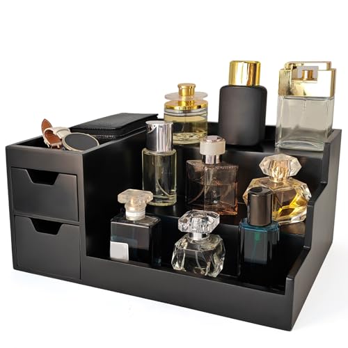 Countertop Perfume & Makeup Organizer - Wooden Rack, Cologne Stand Shelves & Skincare Organizer for Bedroom Dresser, Organizador de Perfumes Estante para Perfumes (Black, 01)