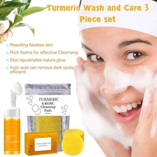 4PCS Turmeric Wash and Cleaning Care Three Piece Kit,Turmeric Trio: Facial Wash, Turmeric Soap Bar & Turmeric Cleansing Exfoliating Pads, Face & Body Cleansing Skincare Set