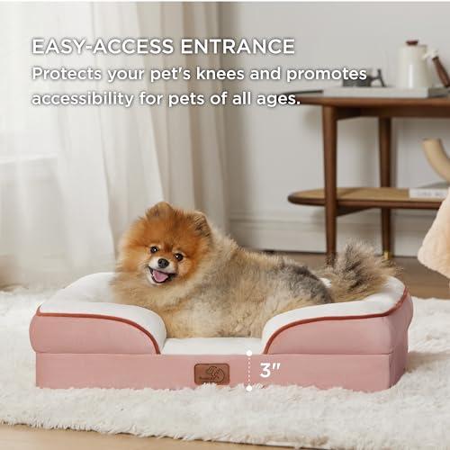 Bedsure Small Orthopedic Dog Bed - Washable Bolster Dog Sofa Beds for Small Dogs, Supportive Foam Pet Couch Bed with Removable Washable Cover, Waterproof Lining and Nonskid Bottom Couch, Pink