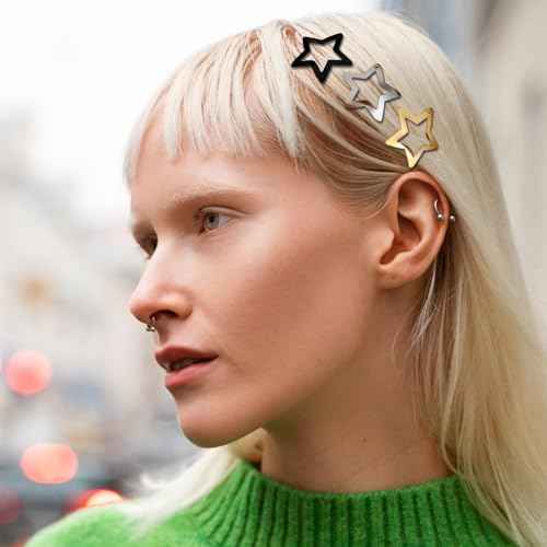 12PCS Metal Star Snap Hair Clips, 1.6 Inches for Kids Girls and Women, Silver/Gold/Black Barrettes, Non Slip 2000s Y2K Cute Hair Accessories