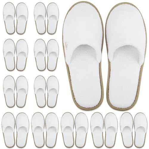 BERGMAN KELLY Spa Slippers, Closed Toe (Medium & Large, 12 Pairs, White + Cocoa Trim), Disposable Indoor Hotel Slippers for Men and Women, Fluffy Coral Fleece, Deluxe Padded Sole for Extra Comfort