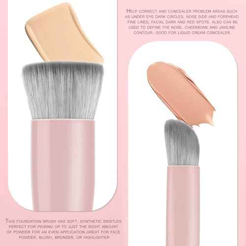 KINGMAS Foundation Makeup Brushes, Flat Top Kabuki Concealer Brush Under Eye Nose Contour Brush for Liquid Cream Powder Blending Buffing (Pink)