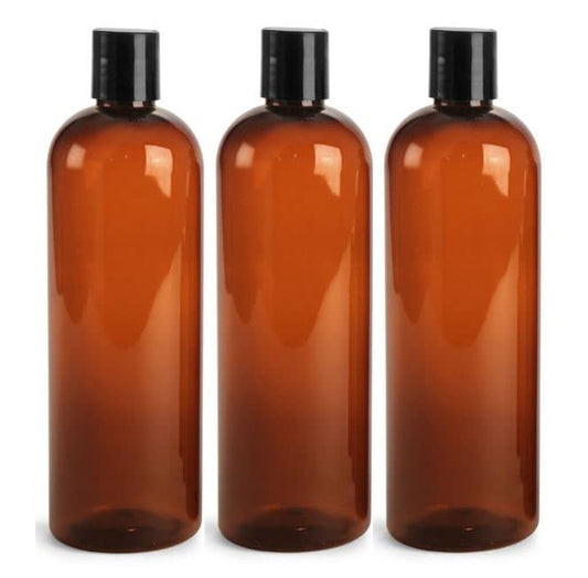 MountainLeaf 3 Pack 16 oz Plastic Empty Bottles with Black Press Disc Caps for Shampoo, Lotion, Hand Sanitizer, Dish Soap Etc., Refillable, BPA Free, Made in U.S.A (Amber bottle)