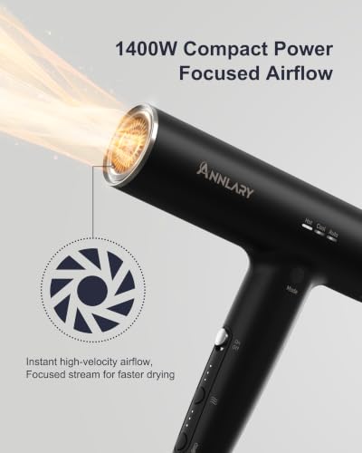ANNLARY Black Foldable Ionic Hair Dryer with Diffuser - Travel-Friendly, Low Noise, Frizz Control, 1500W