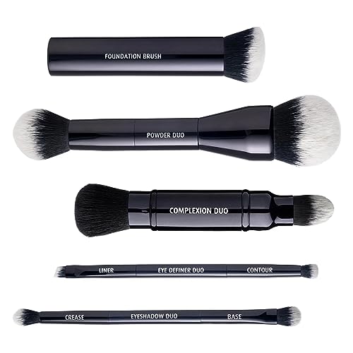 Lune+Aster Powder Duo Brush | Dual-Ended Makeup Brush For Application Of Bronzers, Blushes And Powders. Made with Alumium Handle, Vegan Bristles.