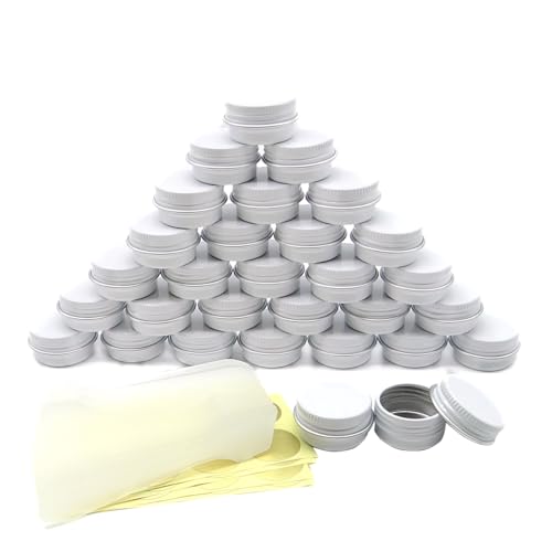 30 pack 5 ml White Lip Balm Tin Cans, 5g Mini Aluminum Makeup Sample Containers with Screw Lid, Empty Metal Tins Pot Storage Travel Jars for Cosmetic, Cream, Candle, Tea, 5 Gram Small Tins