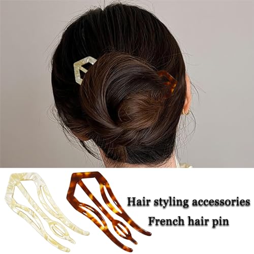 Light 2 Pack French Hair Pins for Women - 4.3 Inch Tortoiseshell & Cream Marble Style, 3 Prong Twist Design for Updos & Buns