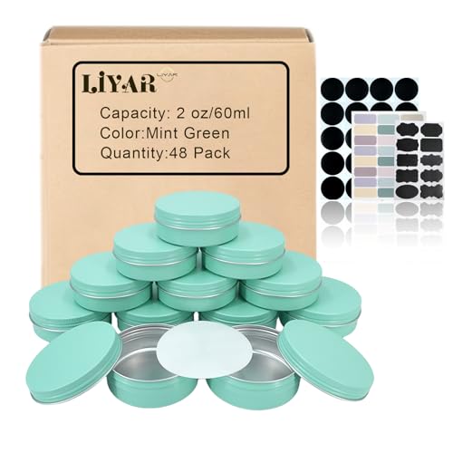 2 oz Tins with Lids for Salve 48 Pack Salve Tins 2oz Tins Container Round Cosmetic Tin Jars Ideal Candle Jars Aluminum Tin Cans with Screw Lids for Powder, Spice,Salve,Candles(Mint Green)