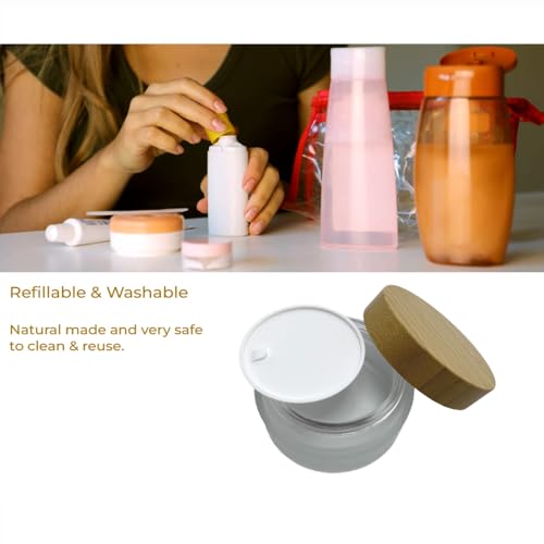 Empty Refillable Frosted Glass Cosmetic Cream Jar 4 Pack 3.3 OZ/100g with Bamboo Lids,Skin Care Travel Containers Pot for Clay Masks,Butter,Body Scrub,Lip Balm, Ointments, Lotion Frost