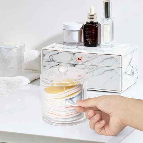 Tbestmax Plastic Cotton Round Holder and Dispenser, Clear Cotton Pads Storage Bathroom Canister Vanity Makeup Organizer