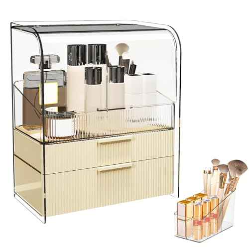 DASITON Cream Cover Dustproof Three layers Storage Box,Makeup Brush Holder,Large Capacity Desktop Storage Box with Drawer,for Beauty Products,Perfume,Jewelry,Nail Polish