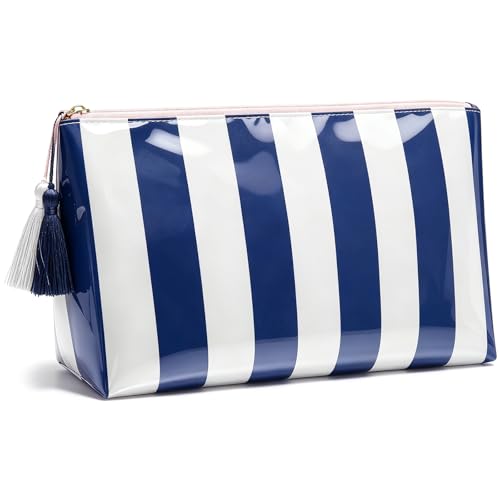 Navy Blue Striped Waterproof Cosmetic Bag | Beach Travel Pouch