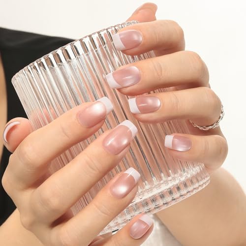 Press on Nails Short Square, Nude Pink French Tip Nail Press ons with Shimmer, Salon-quality 30Pcs Stick on Nails Kit, Reusable False Nails for Women (L2270)