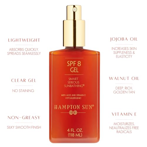 Hampton Sun SPF 8 Classic Sun Gel, Ultra-Hydrating Luxury Sunbathing Gel, Walnut Oil for Deep, Rich, Long Lasting Tan, Anti-Aging with Jojoba Oil, Vitamin E + Aloe Vera, Silky, Lightweight Finish