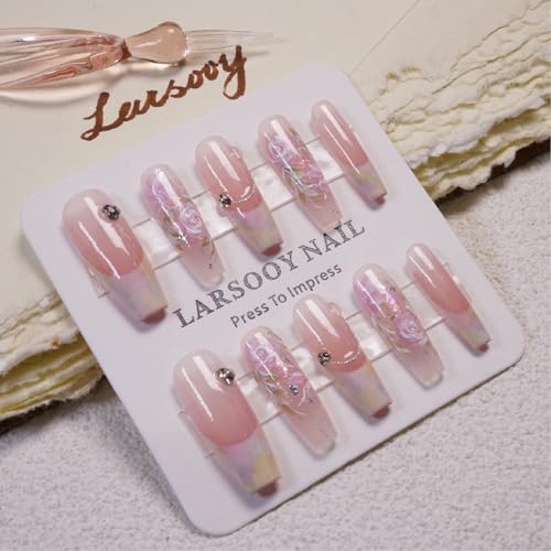 LARSOOY Nails Handmade Press on Nails Long Coffin | Handmade nails with flowers | Reusable hand painted Nails with Design | False Nails 10 Pcs (Rosa Multiflora, S)