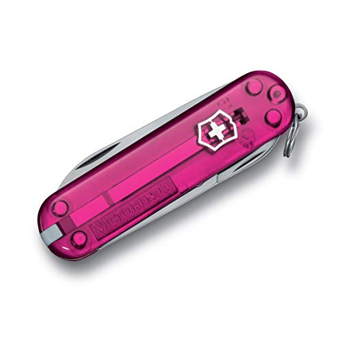 Victorinox Classic SD Swiss Army Knife, Compact 7 Function Swiss Made Pocket Knife with Small Blade, Screwdriver and Key Ring - Pink Translucent