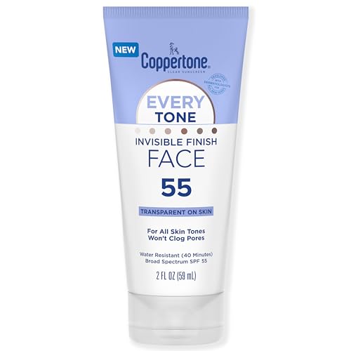 Coppertone Every Tone Invisible Finish Face Sunscreen Lotion SPF 55, Lightweight, Blends in Clear Sunscreen for All Skin Tones, 2 Fl Oz Tube