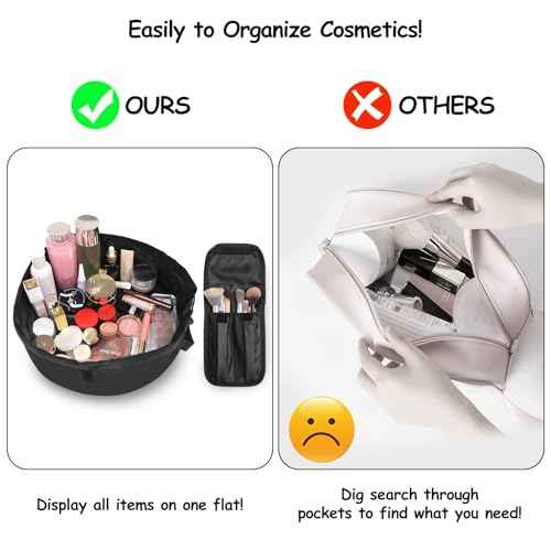Drawstring Makeup Bag Open Flat ? Barrel Drawstring Cosmetic Bag for Women Toiletry Bag for Travel with Brush Bag (Black)