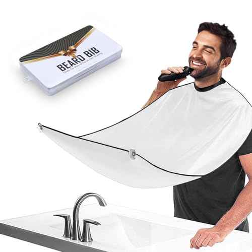 Beard Bib Apron for Men, Christmas Day Gift Beard Trimming Catcher Bib for Shaving & Hair Clippings, Waterproof Non-Stick Hair Catcher Grooming Cloth with 2 Suction Cups(White)