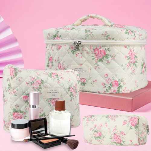 Cute Makeup Bag for Women(2 Pcs), Travel Cosmetic Bags, Quilted Coquette Aesthetic Floral Toiletry Organizer Bag (21 - Pink Flower)