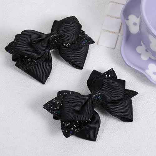 2pc Glitter Black Ribbon Hair Bow Clips 4inch Shiny Alligator Barrettes Pins for Teens Girls Kids Women Graduation Halloween Dress up Party Costume outfit Decor Accessory