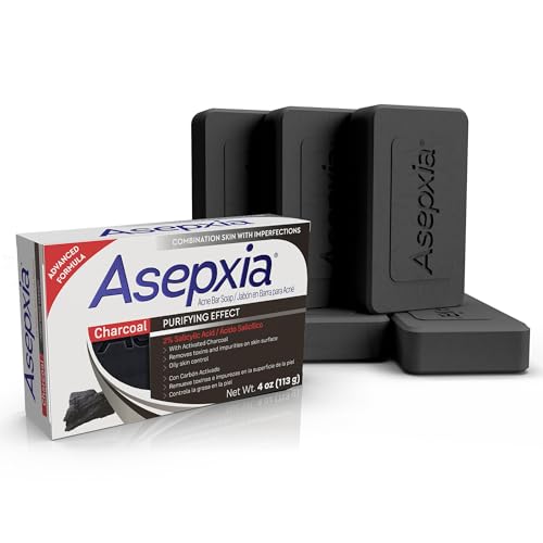 Asepxia Salicylic Acid & Activated Charcoal Bar Soap | Acne Treatment, Reduces Pimples & Blemishes, Deep Cleansing Facial Cleanser, Dries Out Acne, Prevents Breakouts, Face wash, 4 Oz, 5-Pack