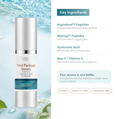 Sun Coast Sciences Total Package Serum 1 fl oz - Anti-Aging Face Serum with Vitamin C, Hyaluronic Acid & Peptides