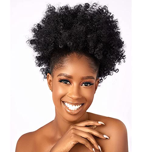 CECINILL Afro Puff kinky curly Drawstring Ponytail Extension for Women Synthetic Short Afro Kinkys Curly Afro Bun Extension Hairpieces Updo Hair Extensions with Two Clips(1B)