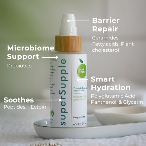 superSupple Barrier Repair Moisturizer - Hydrating Organic Ceramide Repair Face Cream for Dry, Sensitive Skin - Peptides, Polyglutamic Acid, Prebiotic Face Moisturizer - Fragrance-Free, 60ml