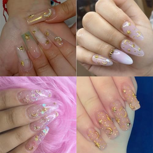 400Pcs Star Nail Charms for Nails Art 3D Gold Silver Star Nail Charms Metallic Studs Rhinestones Stars Nail Jewelry Decorations Manicure Kit Supplies Accessories for Women Acrylic Manicure Salon