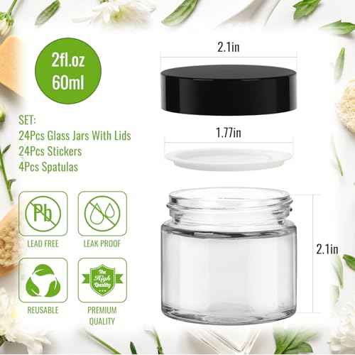 2 oz Clear Glass Jars with Lids 24Pack, Small Jars with Inner Liners for Sample, Powder, Cream, Lotion and Ointments with Stickers & Spatulas Included
