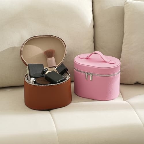 Pink Aesthetic Makeup Bag, Travel Makeup Vanity Case with Divider and Handle, Waterproof PU Leather Cosmetic Organizer Bag, Portable Toiletry Bag for Women(02Pink)