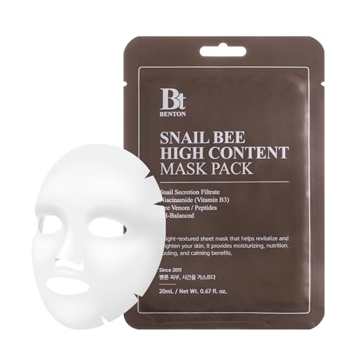BENTON Snail Bee High Content Mask Pack (20g / 10 Sheets) - Snail Mucin Face Mask With Bee Venom | Korean Skin Care Face Mask Sheets For Moisturizing, Soothing and Nourishing