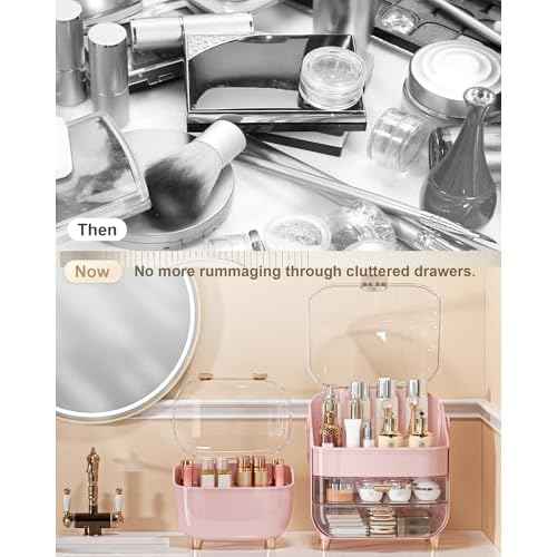 Makeup Organizer with Lipstick Holder, Skincare Organizers Storage Box Cosmetic Display Cases, Teen Girl Gifts Make up Organizers for Vanity, Dresser, Countertop, Bathroom(Pink)