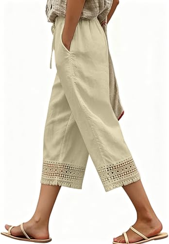 WROLEM Women's Capri Pants - Lightweight 3/4 Lace Trousers with Pockets