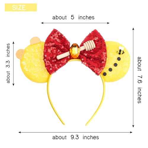 Golden Yellow Mouse Ears Headband, Red Sequin Bow with Honeycomb Accents for Theme Parks & Birthday Parties