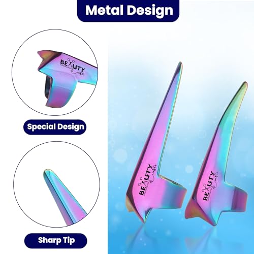 Beauty & Crafts 2PC Pro Hair Parting & Sectioning Rings-Stainless Steel Finger Tool for Precise Hair Styling and Extension Installations - Inculde Straight &Curved Ring with Box (Multi Rainbow)