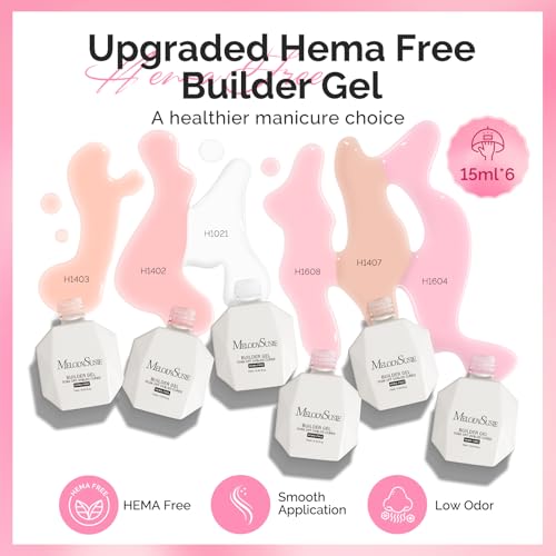 MelodySusie Hema Free Builder Gel Set for Nails Thickening, Nude and Pink, 6PCS 0.5 Fl Oz, Tpo Free, Soak Off UV Extension Gel, Nail Art Design Salon DIY Manicure at Home for Women