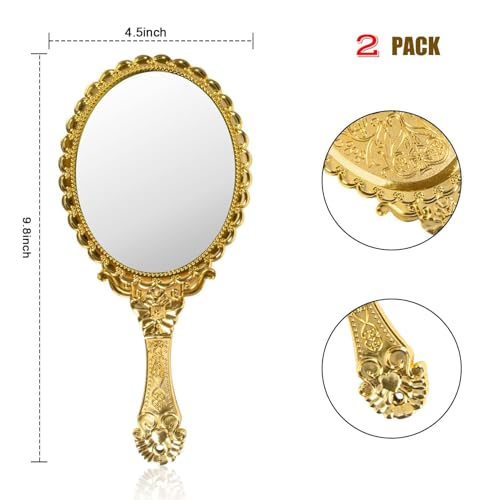 Vintage Handheld Mirror with Handle, Gold Embossed Floral (2 Pack)